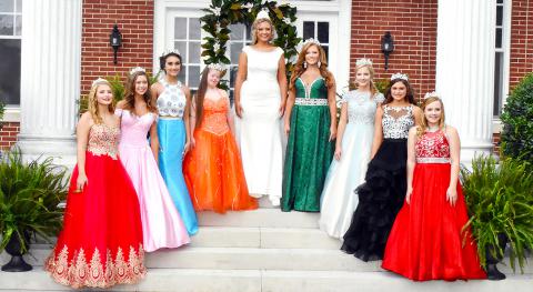Shown is the 2018 Homecoming Court at the John Clifford Grimsley House, which is listed on the National Register of Historic Places. From left: Julie Beavers, Samantha Holliman, Layla Birmingham, McKenzie Back, Morgan Trull (Queen), Lindy Hindman, Holley Files, Searaley Nichols and Jacie Junkin.