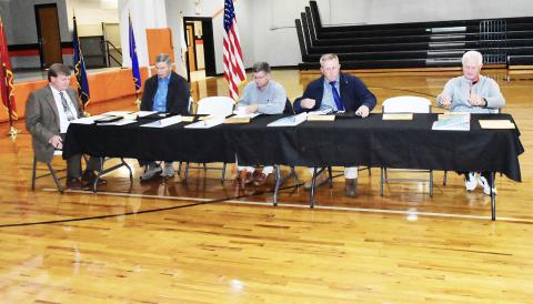 The Fayette County Board of Education held its Nov. 13 meeting in the gymnasium at Fayette Middle School. Shown from left are: Superintendent Jim Burkhalter, and board members Tom Hubbert, Keith Madison, Tim Fields and Waldon Tucker. Not present at the meeting were board members Sam Sullivan and John Stowe.