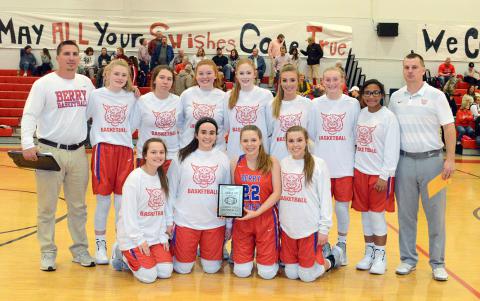 The Berry girls were runner-up in the area basketball tournament. Front row from left: Cheyenne Pendley, Bailey Thomas, Laine Henderson and Tyner Bowling. Back row: Coach Ryan Stephens, Anna Kate VanDee, Katelyn Willcutt, Allie Taylor, Zoe Mauldin, Ianna Fields, Brooke Hill, Makallah Maybaum and Head Coach Caleb Hynds.