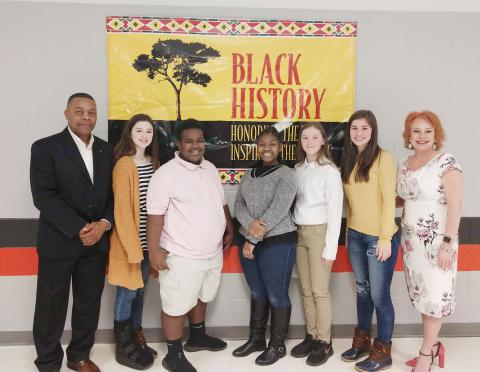 FMS hosted its annual Black History Month event. Shown from left: Ron Hannah, FMS Principal, Mary Kensley Lister, Isaiah Stowe, Rose Hale, Chelsea Hollingsworth, Emma Claire Kummer and Jenn Bolling.