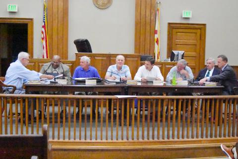 Shown is the Fayette County Commission at its May 13 meeting. From left are commissioners Joe Acker, John Underwood, Billy Rodgers, James Knight, Shane Hughes, Barry Corkren, County Attorney Allen Grocholski and Commission Chairman Mike Freeman.