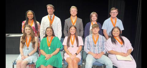 Pictured are the Top 10 Seniors by Grade Point Average (GPA) of the Fayette County High School 2023 graduating class. From left, seated: Mary Kensley Lister (first), Celie Cowart (second), Claire Holliman (third), Brian Watts (fourth) and Lauren Seale (fifth). Standing: Sierra Stevenson (sixth), Kaleb Evans (seventh), Blake Johnson (eighth), Lauren Ballinger (ninth) and Jackson Kimbrell (10th). 