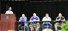 Shown are the candidates for sheriff who attended the political forum at Bevill State Community College on Monday, May 21. At the far left is the emcee of the event, David Wages. From left are Republican candidates Danny Jenkins, Justin White, Byron Yerby and Independent sheriff candidate Rodney Ingle. Not shown is Democratic candidate Tierre Agnew.