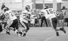Quarterback Ethan Nichols (23) is shown handing off to Zach Hubbert (15) as Tanner Upton (25) blocks during the game against Waterloo.