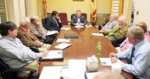 Pictured at the Nov. 25 Fayette County Commission meeting, clockwise from left, are: County Engineer Chris Howell, Commissioners Billy Joe Rodgers, James Knight and Shane Hughes, Commission Chairman Mike Freeman, County Attorney Allen Grocholski, Commissioners Joe Acker, John Underwood and Barry Corkren.