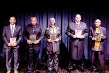 Shown receiving plaques, from left, were: Military Veteran and Fayette Middle School Principal Ron Hannah, Fayette County “March for Jesus” organizer Milborn Savage, Fayette Co. Board of Education member John Stowe, Former Fayette Police Dept. Assistant Chief and current Fayette Co. Commissioner John Underwood and former Fayette City Councilman Cedric Wilson. Also honored posthumously were FCHS Coach Arthur Hughes, Fayette Park and Recreation Coach Charlie Nalls and community leader Bobby Savage.